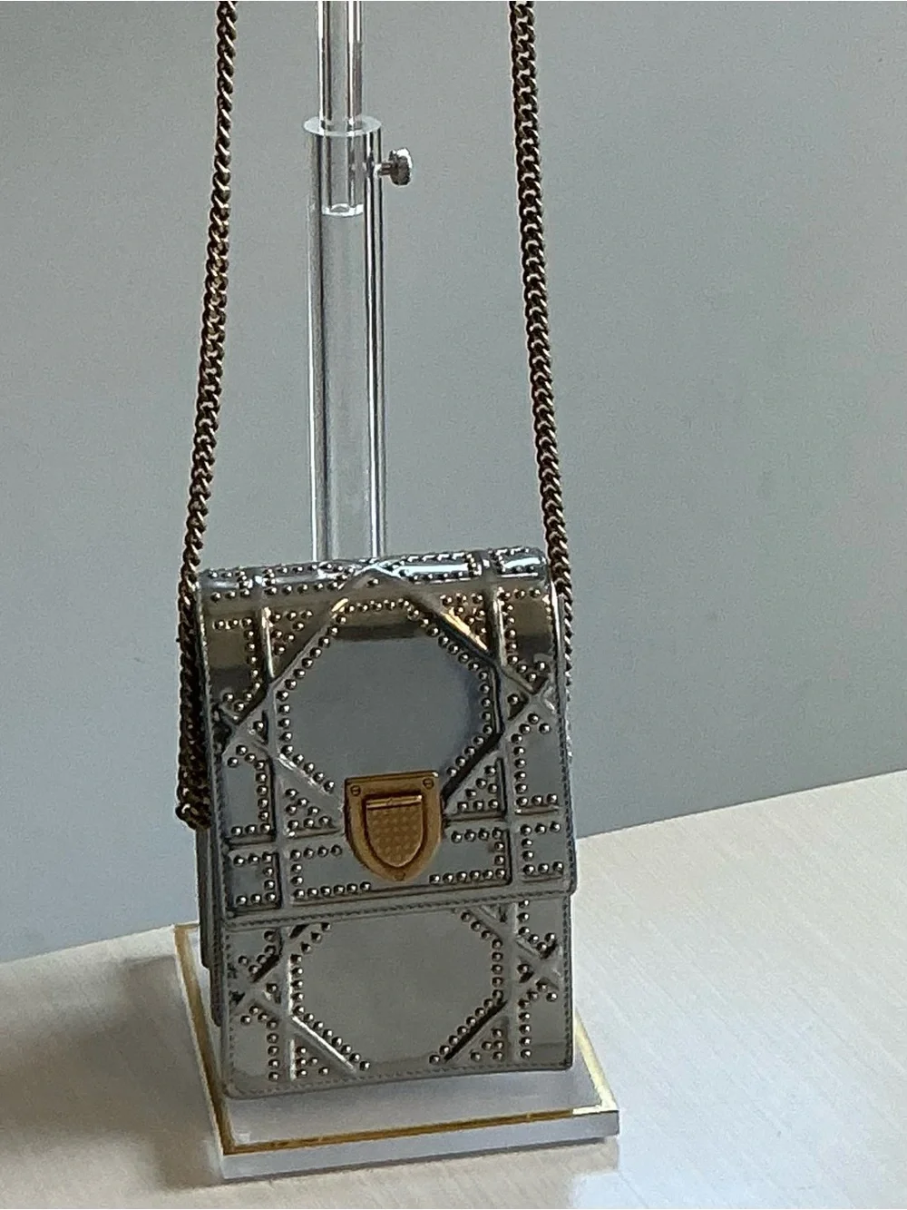 Authentic Christian Dior Diorama Vertical Clutch On Chain Studded Silver Leather